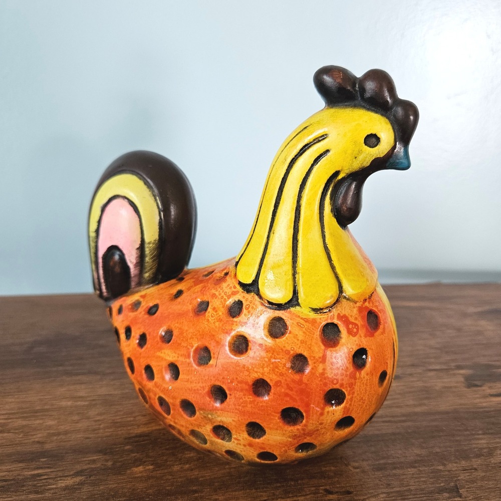 Vintage 60s 70s Hand Painted Ceramic Rooster Figurine Yellow Orange Polka Dot